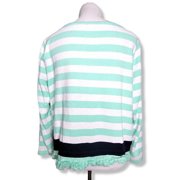 Crown & Ivy Stripe Fringe Hem Cotton Knit Top Navy Mint Size Medium - Picture 3 of 10